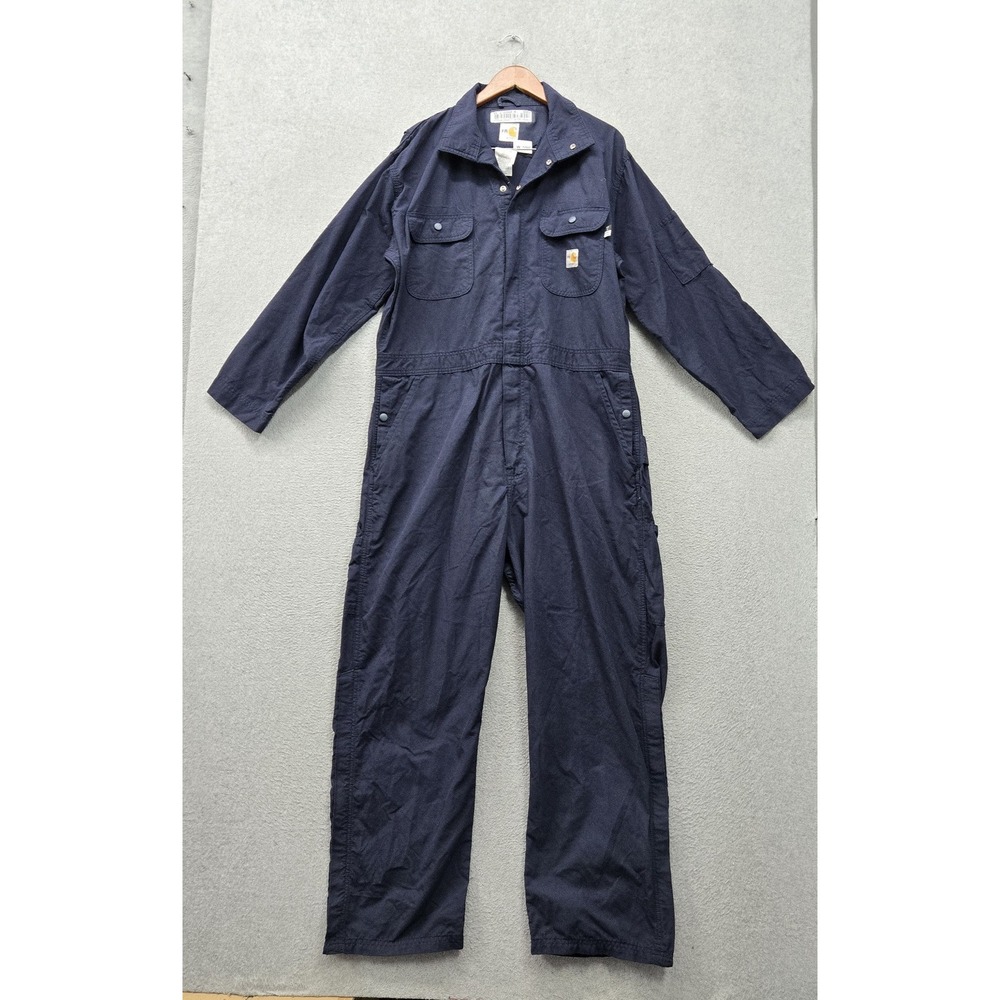 Carhartt Men Coveralls L Blue FR Flame Resistant Twill Straight Logo 28" Inseam